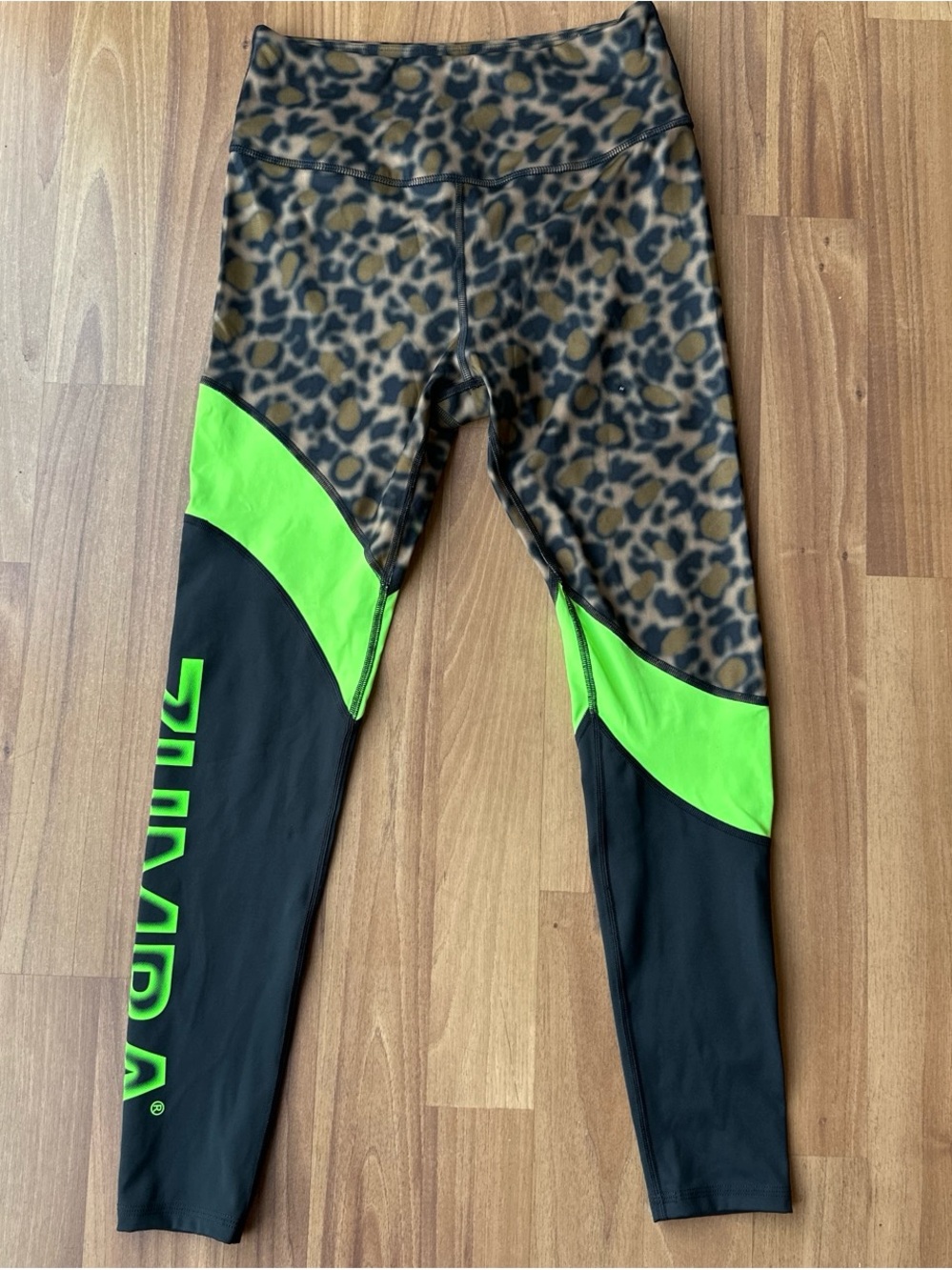 Zumba Fitness Leopard Print Leggings with Neon Green & Black Panels